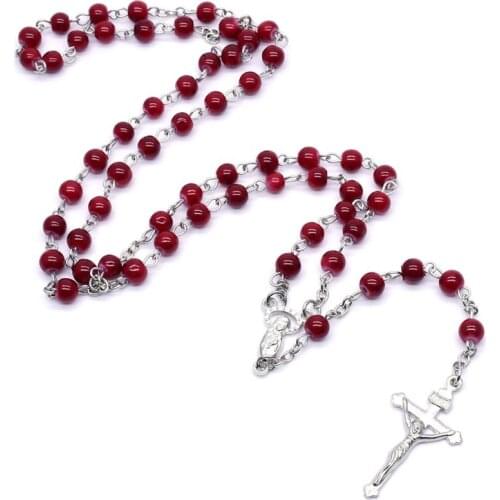 6mm Rosary Glass Beads Jesus Cross Pendant Necklace Charm Chain Jewelry Christian Gift for Men Women High Quality and Brand New
