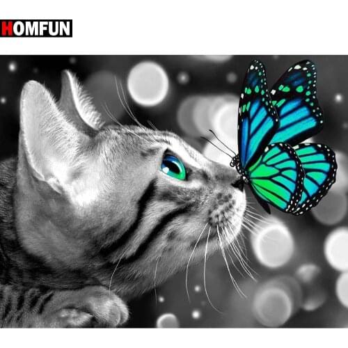 HOMFUN Full Square/Round Drill 5D DIY Diamond Painting " Cat Butterfly " 3D Diamond Embroidery Cross Stitch Home Decor Gift