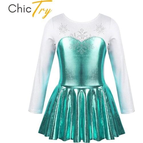 ChicTry Kids Girls Shiny Rhinestone Snowflake Long Sleeve Dancewear Ballet Gymnastics Leotard Figure Skating Dress Dance Costume