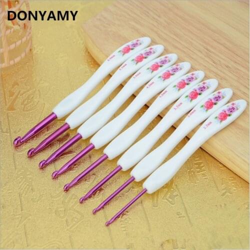 DONYAMY 8pcs/set Plastic Handle Aluminum Crochet Hook Knitting Needles Sewing Tools