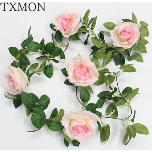 2m Silk Artificial Rose Flowers Rattan String Vine with Green Leaves For Home Wedding Garden Decoration Hanging Garland Wall