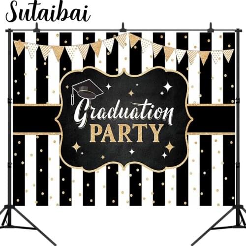 Class of 2021 Graduation Party Backdrop Classy Black White Strip Gold Embellishment Theme Photography Background