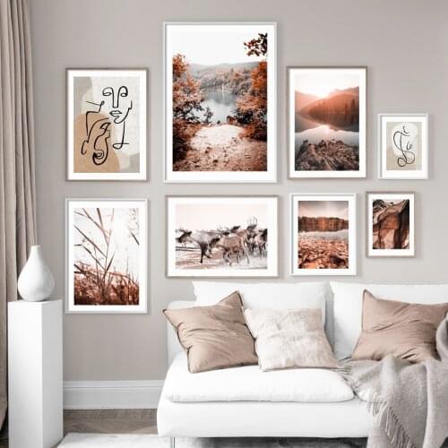 Deer Lake Tree Grass Desert Wall Art Canvas Painting Abstract Face Nordic Posters And Prints Wall Pictures For Living Room Decor