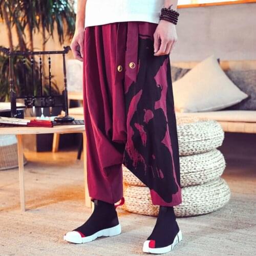 AreMoMuWha Autumn Loose Nine-point Harem Pants Plus Size Chinese Style Mens Wide-leg Bloomers Casual Trousers Mens Trend Pants