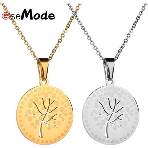 ELSEMODE Hollow Tree Of life Circle Necklace Gold Color 316L Stainless Steel Round Pendant Necklaces For Women bijoux Gifts