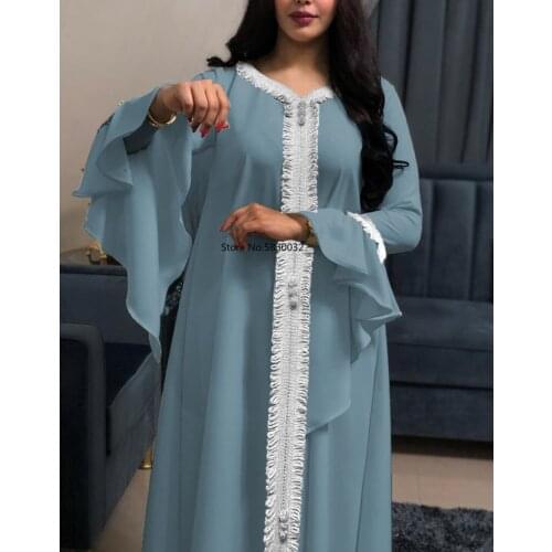 Muslim Women Maxi Dress Jalabiya Dubai Abaya Long Sleeve Golden Ribbon Islamic Clothing Robe Kaftan Moroccan Turkey Fashion