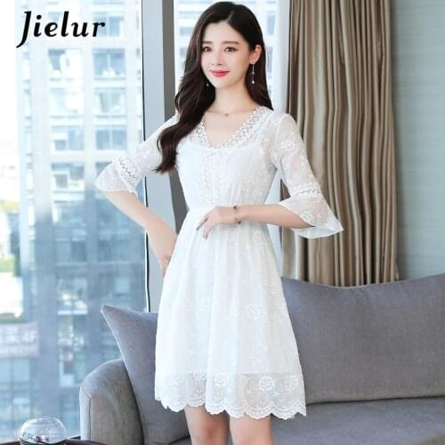Jielur Lace White Dress V-neck Elastic Waist Solid Color Summer Dress Vacation Robe Femme Short Sleeve S-XXL 2021 Women Dress