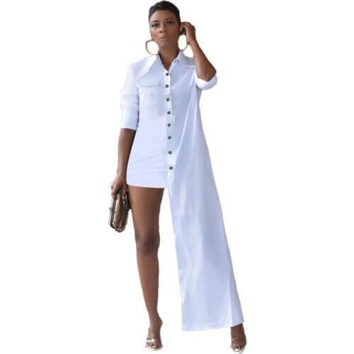 Irregular Shirt Dress Women Single Breasted Full Sleeve With Pocket Autumn Summer New Solid Fashion Streetwear Blouse Dress Gown