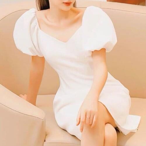2021 New Puff Sleeve White Summer Dresses Elegant Slim A-line Mini Dress Fashion Runway Vintage Business Casual Work Vestidos