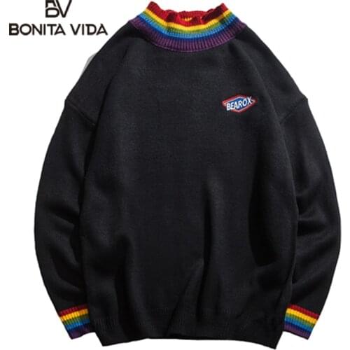 Bonita Vida Rainbow Collar Pullover Streetwear Mens Sweater Winter Hip Hop Harujuku Casual Knitted Long Sleeve Sweaters