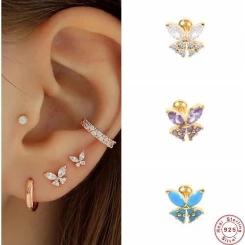 Aide 925 Sterling Silver Colored Rhinestone Butterfly Stud Earrings For Women Turquoise Pink Zircon Bowknot Piercing Ear Studs