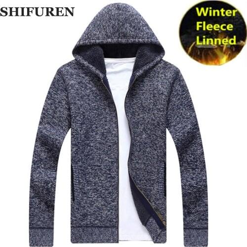SHIFUREN Jacket Men Thick Velvet Hooded Casual Knitted Sweater Cardigan Zipper Coats Outwear Male Brand-Clothing Size S-XL