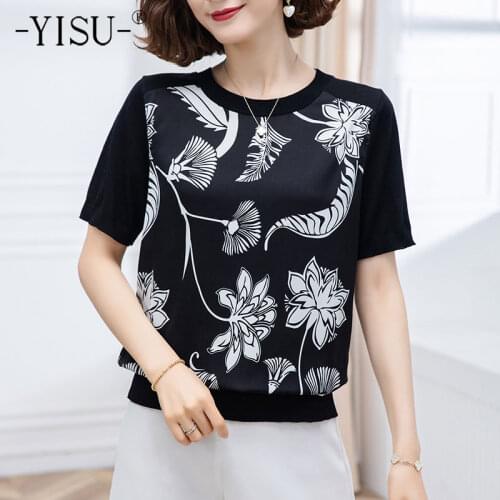 YISU Thin Casual Knitted Sweater Women Loose Jumper Summer Female Pullover O neck Short sleeve Feathers Printing Sweater