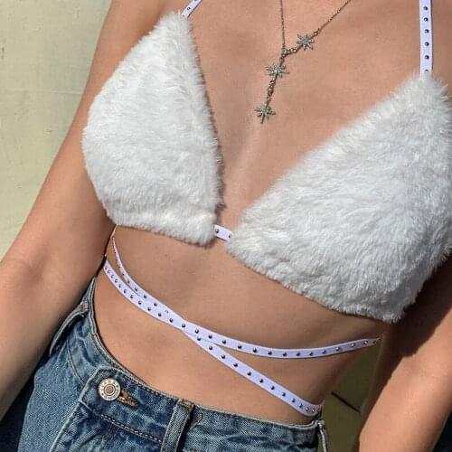 Women Halter Crop Cami Top Sexy Sleeveless Lace Up Backless Deep V Neck Slim Fit Plush Bralette Top Strapless Female Streetwear