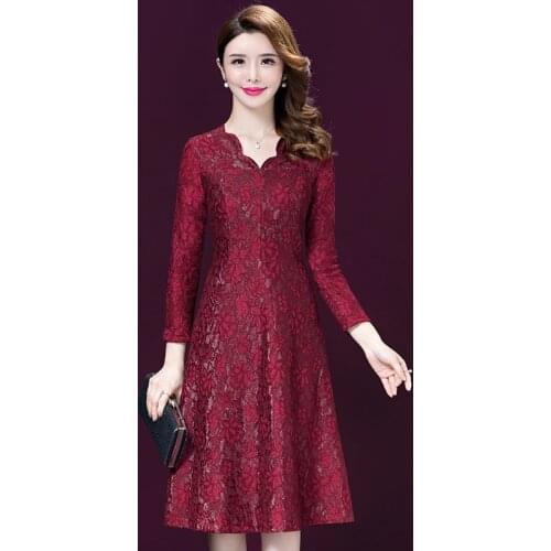 Spring Fall Casual Womens Ruffled V Neck Long Sleeve Lace Mid Calf Dress , Elegant 3xl 4xl Slim Wine Red Blue Dresses for Women