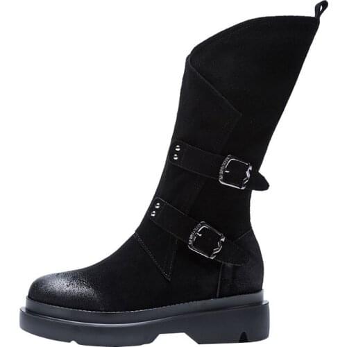 Vintage Women Winter Mid Calf Riding Boots Female Buckle Cow Suede Leather Military Knight Boots Flats High Top Motorcycle Shoes