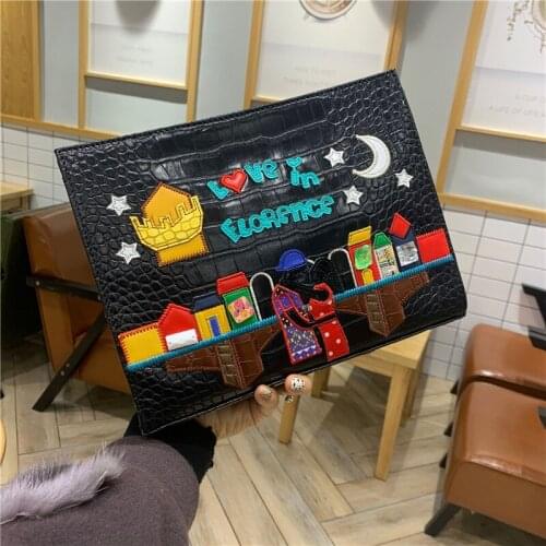 Women Bags Leather Patchwork Embroidery Envelops Purse Shoulder Bag Casual Clutch Bags Braccialini Style Cartoon Florence Love