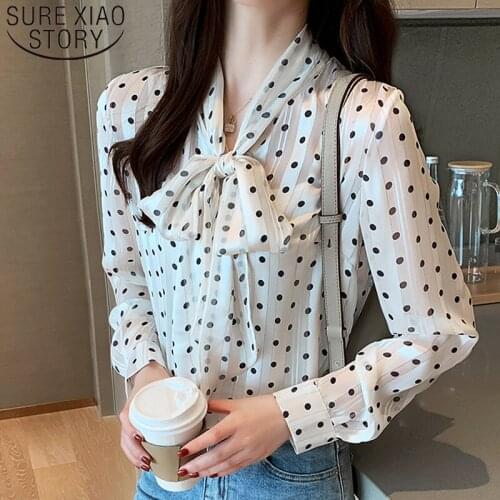 Autumn 2021 Casual Chiffon Women Tops Long Sleeve V-neck Bow Polka Dot Elegant Women Clothing Fashion Women Blouses 5690 50