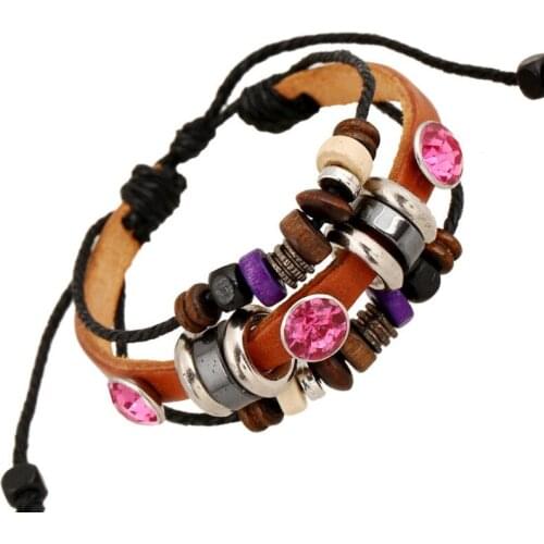 Fashion Vintage Crystal Beads Women Bracelet Cuff Multilayer Leather Charm Wrap Bangle Hippie Wristbands Punk Retro Jewelry Gift