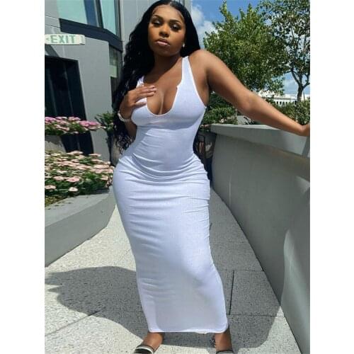 2021 Spring And Summer Solid Color Womens Sleeveless Long Skirt V-neck Tight-fitting Suspenders Sexy Party Club Rib Knit Dress