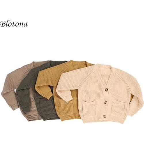 Blotona Newest Baby Girl Boy Knitted Long Sleeve Autumn Winter Sweater Coat Loose V-Neck Cardigan with Pockets Casual Tops 9M-5Y