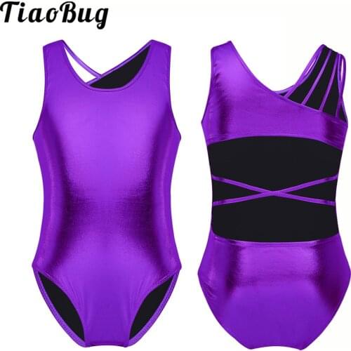 Kids Girls Ballet Dance Gymnastics Leotard Shiny Metallic Sleeveless Tank Jumpsuit Open Back
