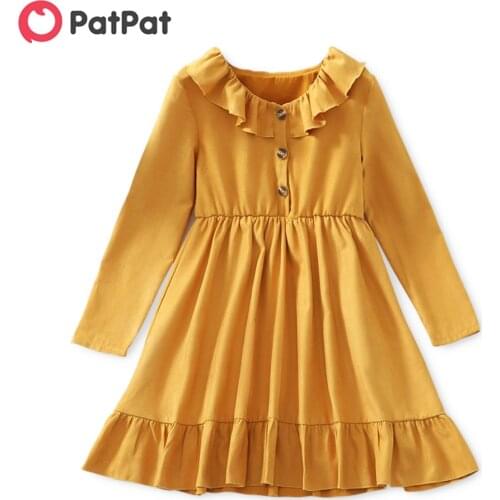 PatPat Kid Girl Flounce Button Design Long-sleeve Ruffle Hem Yellow Dress
