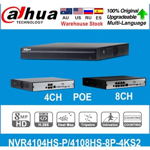 DH NVR Europe Stock NVR4104HS-P-4KS2 NVR4108HS-8P-4KS2 With 4/8ch PoE Port H.265 Video Recorder Support ONVIF CGI Metal POE NVR
