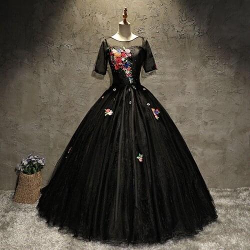 Fashion Half Sleeve Quinceanera Dresses Elegant O-neck Beading Embroidery Long Ball Gown Fashion Party Prom Black Dress
