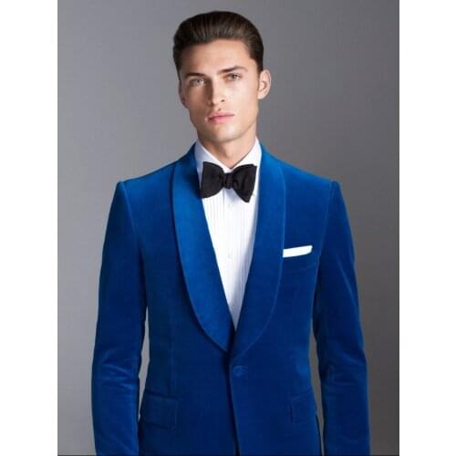 Royal Blue Velvet Shawl Lapel Formal Custom Groom Wedding Suits For Men Slim Fit 2 Pieces Terno Latest Coat Pant Designs 2021