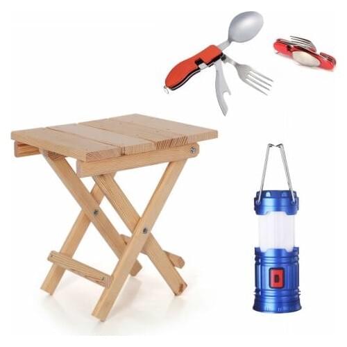 Masho Trend 1 Pcs Wood Camping Stool + Pluggable Battery-Powered Camping Lamp + Camping Spoon Fork Set-Fishing Stool