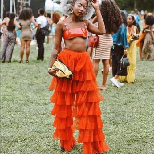 Fashion Orange Ruffles Tiered Tulle Women Long Pants Elastic Waistband 2021 New Puffy Floor Length Pant Custom Made Plus Size