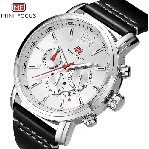 MINI FOCUS Men Waterproof Chronograph Calendar Military Watch Top Brand Luxury Genuine Leather Business Man Sport Wristwatch