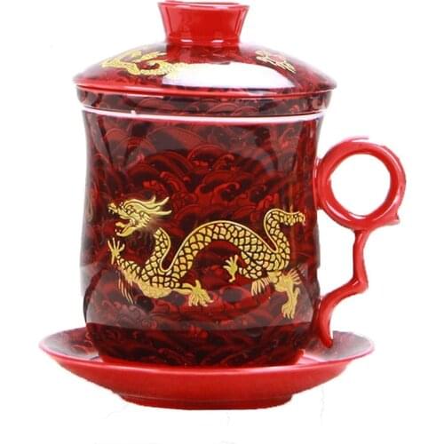 4pcs kit of Chinese Dragon Pattern Tea-Mug with Strainer Infuser and Lid and Saucer Ceramic Tea Mug Porcelain Personal Tea Cup