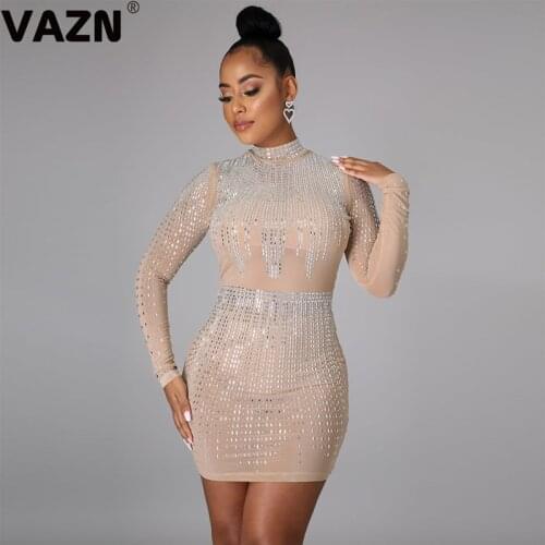 VAZN New Solid Turtleneck Elegant Fashion Mujer Chic Ladies Slim Holiday Shinny Dress 2020 Full Sleeve Lady Mini Dress