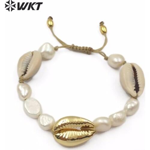 WT-B455 WKT New High Quality Natural Pearl Bracelet With Cowrie Shell Random Size Exquisite Lady Surprise Gift Tether Bracelet