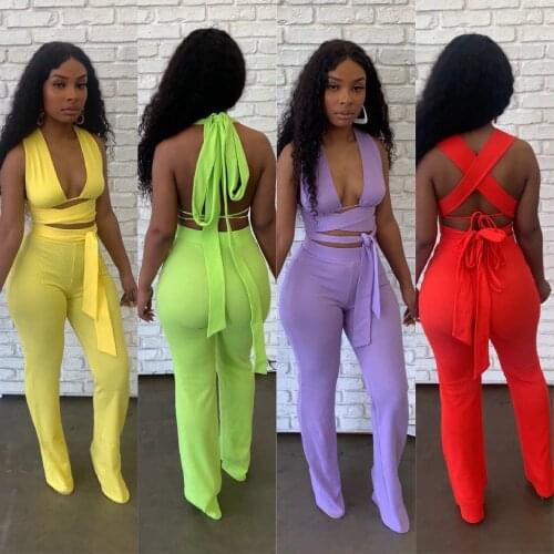 Solid Bandage Pants Tracksuit Woman Sexy Halter V Neck Backless Crop Top Lace Up + Wide Leg Pants Slim Two Piece Set Plus Size