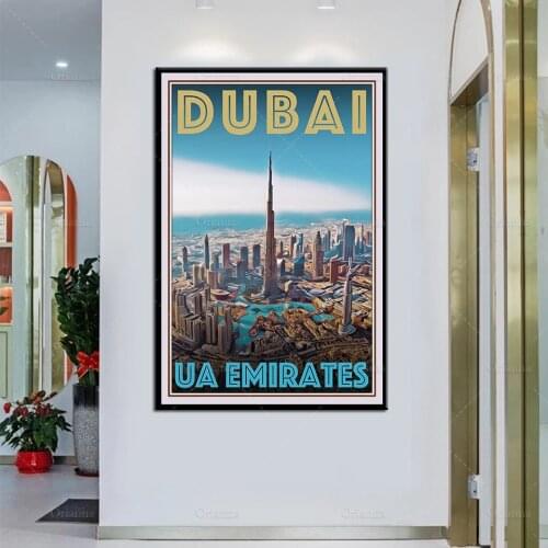 Retro Vintage Style Travel Poster Dubai Ua Emirates Oil Painting Posters and Prints on Canvas Wall Art Pictures for Living Room