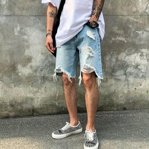 Summer Loose Straight Men Shorts Hip Hop Beggar Irregular Denim Shorts Fashion Casual Male Knee-Length Jeans