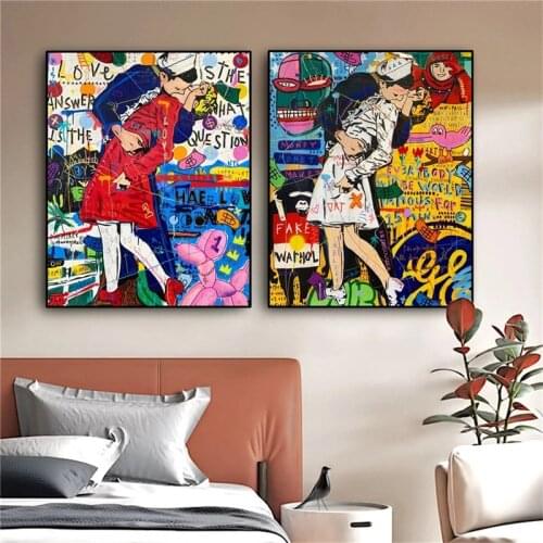 Modern Graffiti Portrait Art Canvas Painting Posters and Prints Wall Art Kiss of The Century Picture for Living Room Wall Decor