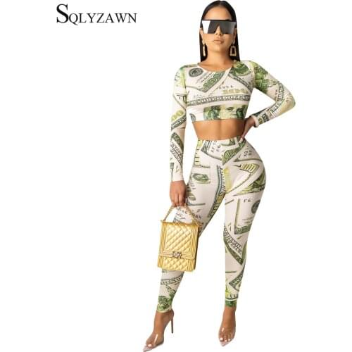Dollar Print Tracksuit Women Sexy Long Sleeve Shirt and Leggings Skinny Two Piece Set Female Autum Casual Sportswear Outfits