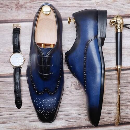 Classic Style Mens Oxford Brogue Genuine Leather Shoes Black Blue Wing Tip Lace up Mens Dress Shoes Wedding Office Formal Shoes
