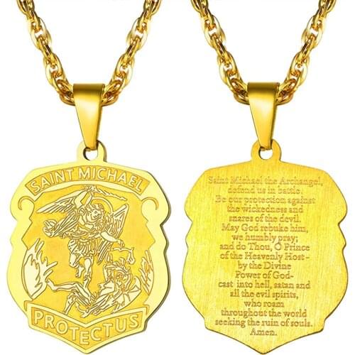 U7 Saint Michael The Archangel Gold Necklace Saint Michael Pendant Religious Gift Men Jewelry