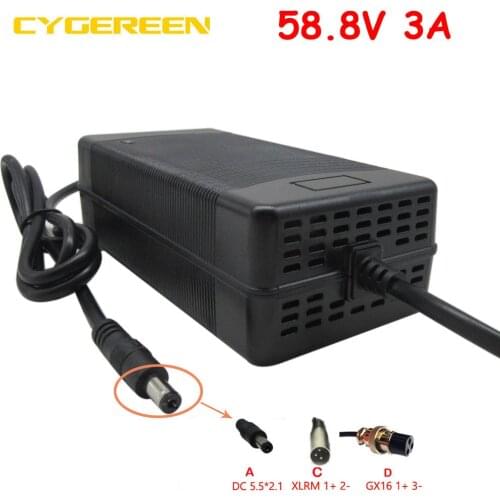 52V Li ion ebike battery Charger Output 58.8V 3A XLRM GX16 Socket use for 14S 51.8V 52V 20AH 25AH battery with fan