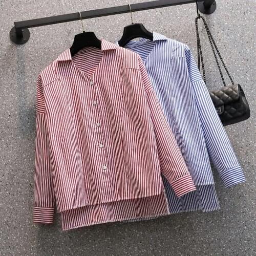 Blue Red Striped Long Sleeved Plus Size Korean Autumn Elegant Fashion Blouses And Tops WomenS Oversize Shirt Clothing 2021