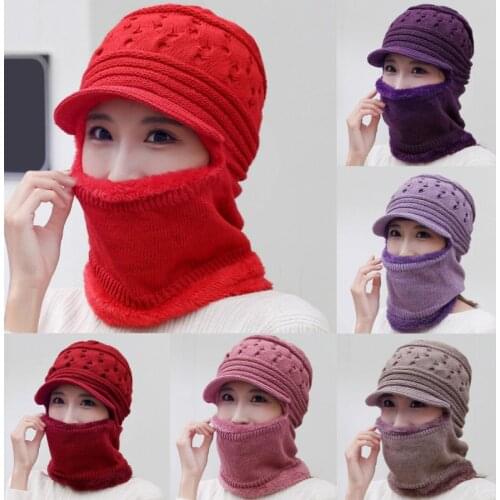 Ladies Winter Warm Rope Needle Plush Lining Warm Windproof Full Cover Drawstring Earmuffs Hooded Scarf
