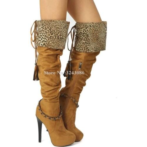 Fashion Suede Metal Ropes Leopard Over the Knee Boots Women Stiletto Heel Brown Color Lace-up Tassel Long Boots Lady Dropship