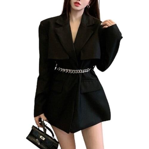 PERHAPS U Women Autumn Elegant Cape Pocket Turn Down Collar Puff Sleeve Chains Belt Slim Long Blazer Suit Coat Outwear C3017