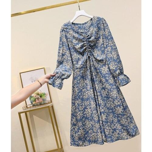2021 newspring dress fashion looks thin retro V-Neck floral Dress WomenSeven pointster Sleeve Long Dress