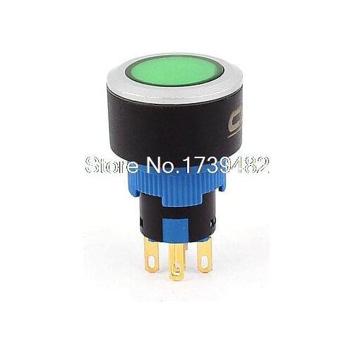 15.5mm DC 12V Green LED Light 5 Pin SPDT Latching Push Button Switch